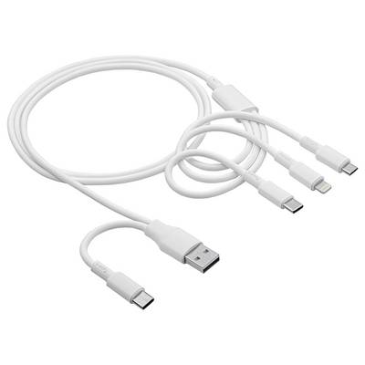 Mehrfachladekabel in Weiß mit USB-A-Anschluss und drei verschiedenen Steckern: USB-C, Lightning und Micro-USB, zur gleichzeitigen Nutzung.