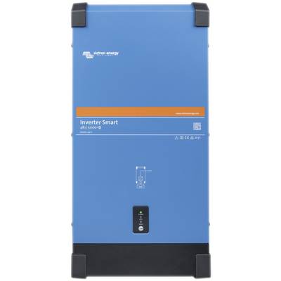 Blauer 'Inverter Smart' von Victron Energy mit Modellnummer und Bedienelementen auf Vorderseite, geeignet für Solarsysteme und Stromversorgung.
