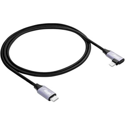 Ein schwarzes USB-C-auf-Lightning-Kabel mit metallischen Steckern, geeignet zum Laden und Datenübertragung zwischen Geräten.