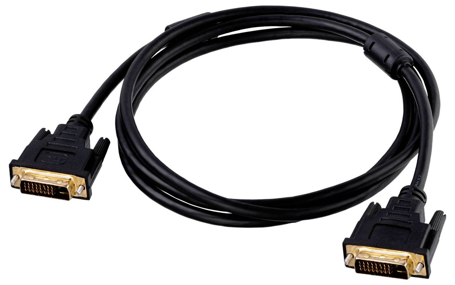 Schwarzes DVI-Kabel mit zwei vergoldeten Anschlüssen, verwendet zur Verbindung von Videoquellen wie Computern mit Monitoreingängen.