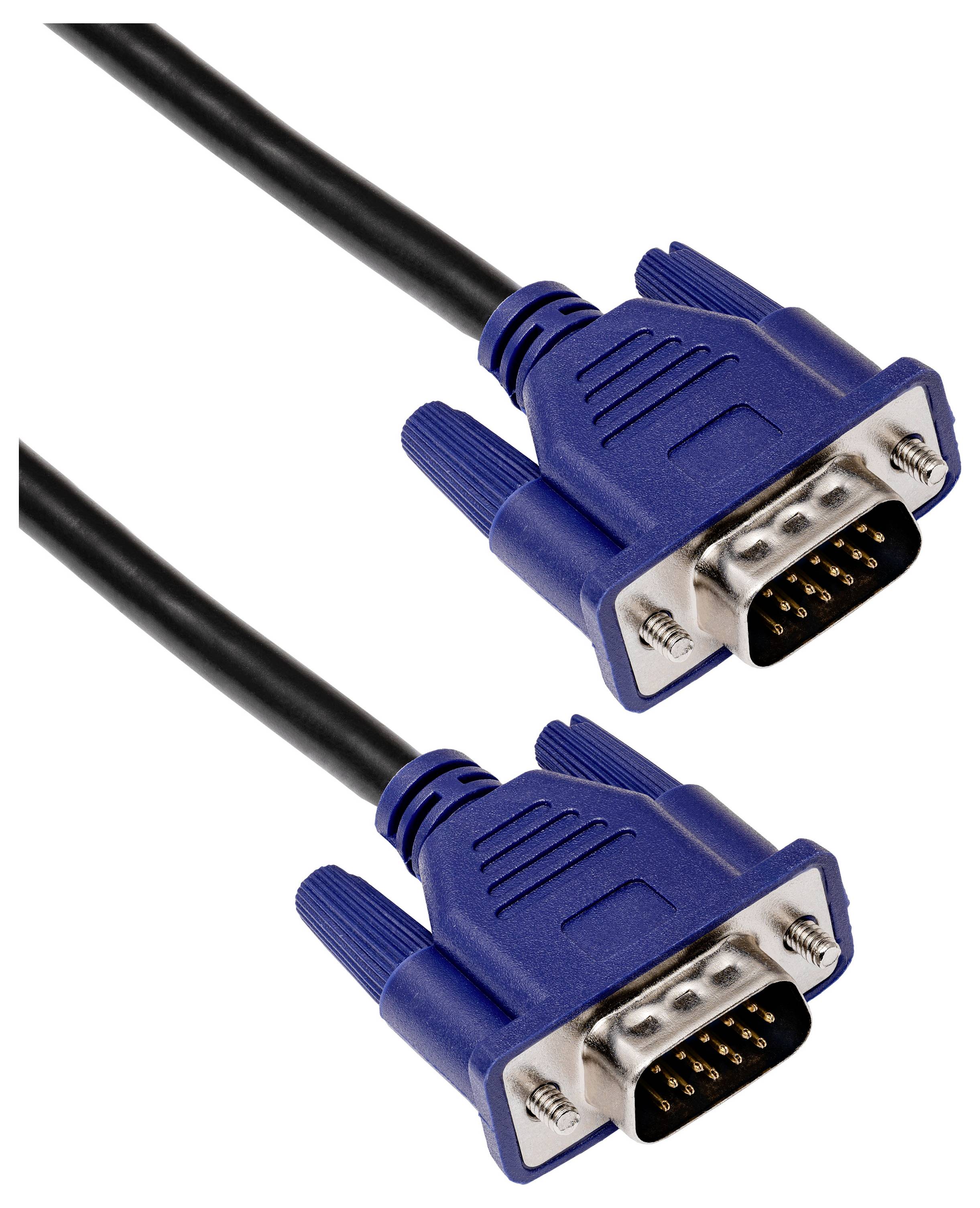 Ein blaues VGA-Kabel mit zwei identischen Steckern, jeweils mit drei Reihen von Pins. Verwendet zur Verbindung von Monitoren.