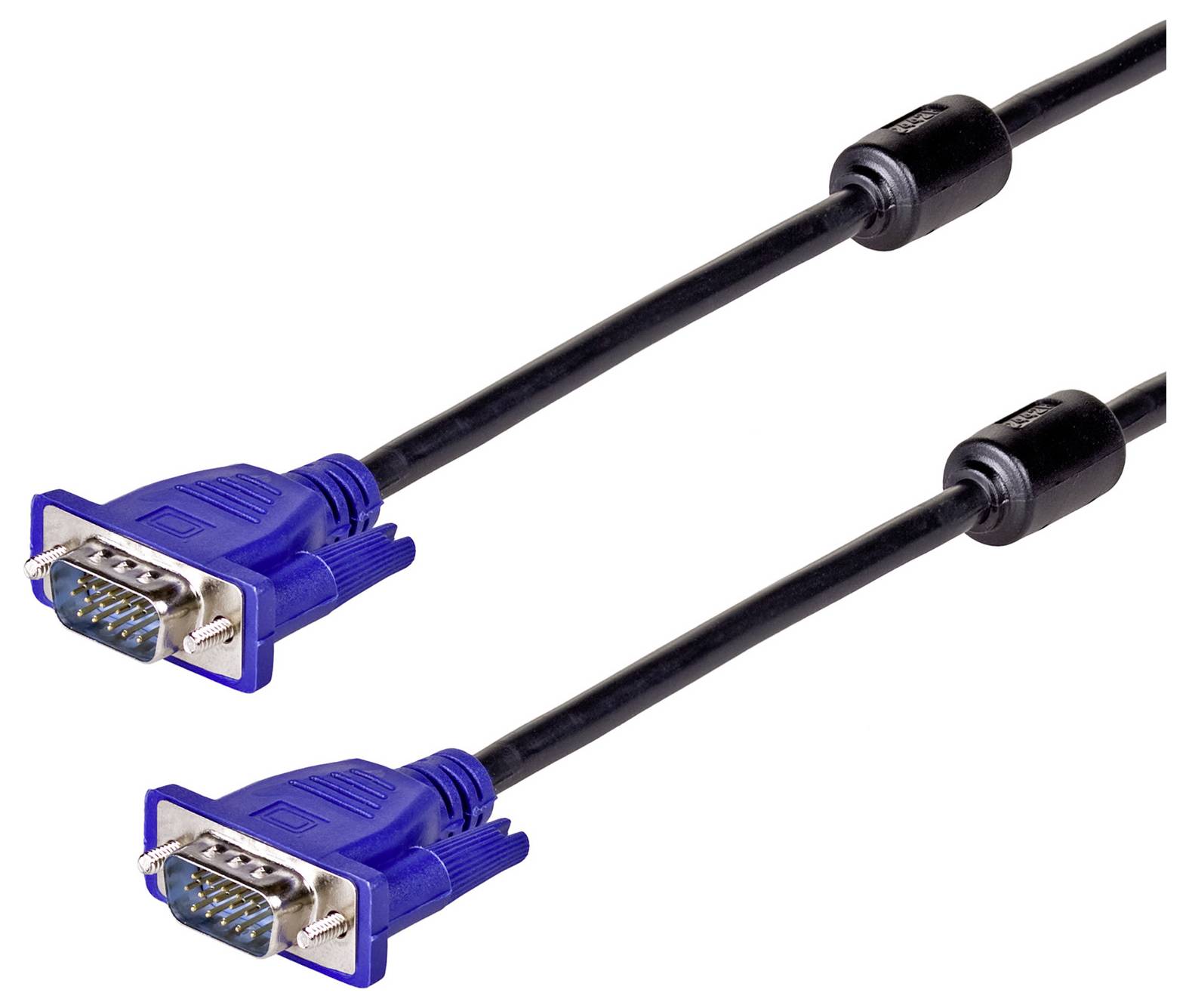 Zwei blaue VGA-Kabel, jeweils mit einem 15-poligen Stecker. Sie werden zur Verbindung von Computern mit Monitoren verwendet.