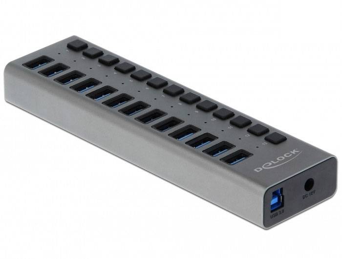 Delock 63738 USB-Hub 13 Port USB-A, DC-Buchse 3.5 mm USB 3.2 Gen1 5 GBit/s Grau 63738-1