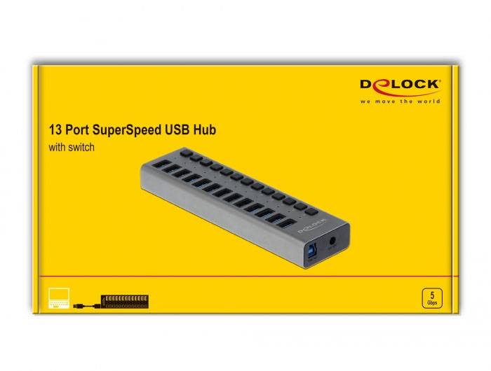 Delock 63738 USB-Hub 13 Port USB-A, DC-Buchse 3.5 mm USB 3.2 Gen1 5 GBit/s Grau 63738-3