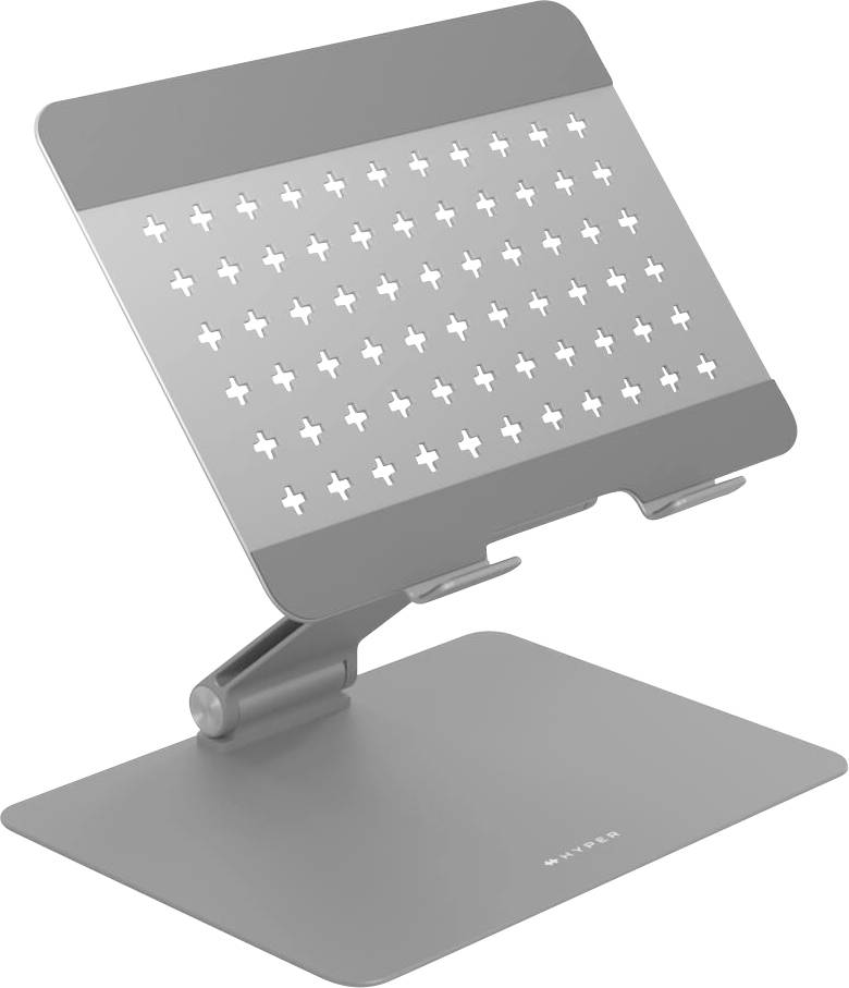 Ein verstellbarer, silberner Laptopständer mit Lüftungsschlitzen, für bessere Kühlung und ergonomische Nutzung konzipiert.