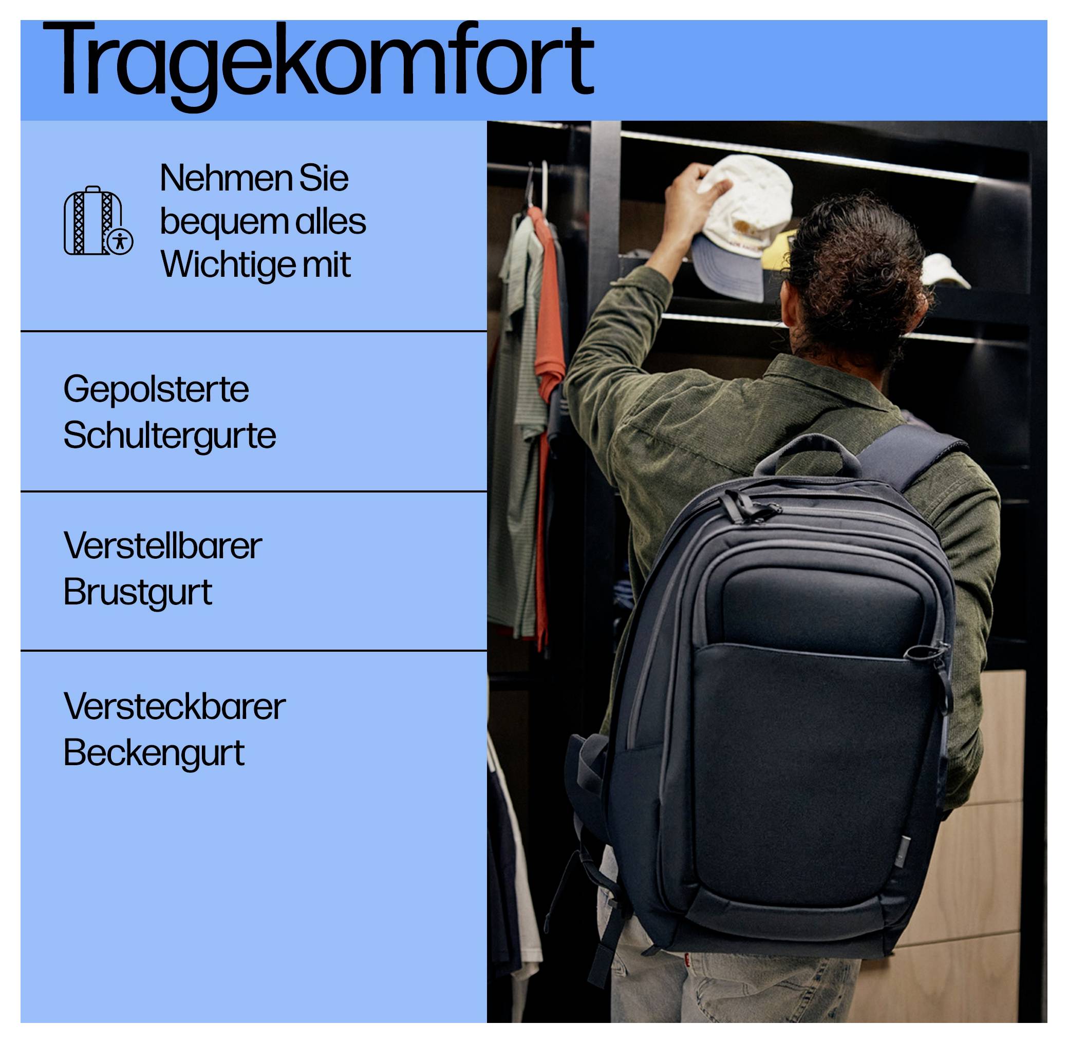 Eine Person mit einem dunkelblauen Rucksack greift nach einem Objekt auf einem Regal. Links daneben steht: 'Tragekomfort: Nehmen Sie bequem alles Wichtige mit' mit Details zu Gurteigenschaften.
