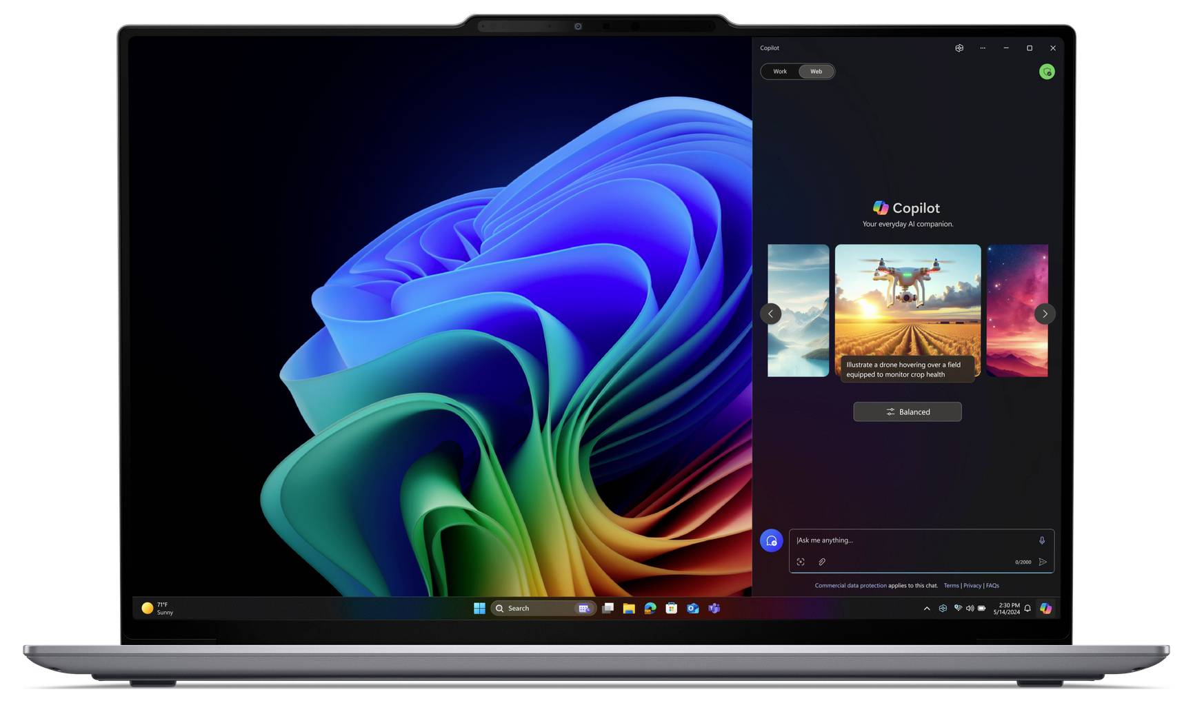 Ein Laptop-Bildschirm zeigt das Windows-Betriebssystem mit offenem Fenster von 'Copilot', das kreative Bildideen präsentiert.