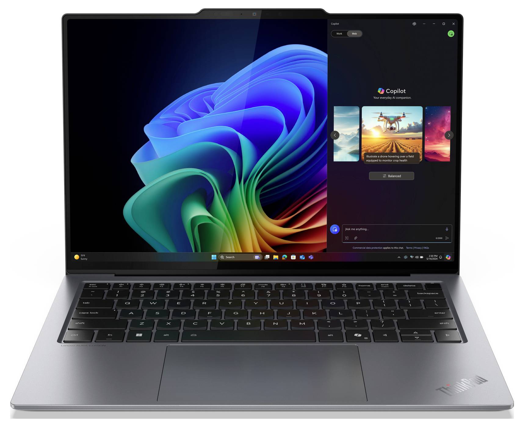 Ein Laptop mit geöffneter Windows 11-Benutzeroberfläche zeigt farbenfrohe Grafiken und eine App-Schnittstelle an.