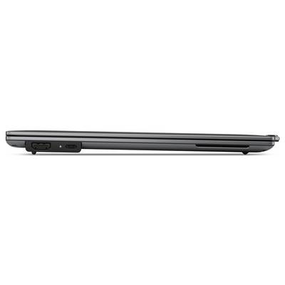 Seitenansicht eines geschlossenen Laptops mit sichtbaren Anschlüssen auf der linken Seite. Der Laptop ist dunkelgrau.