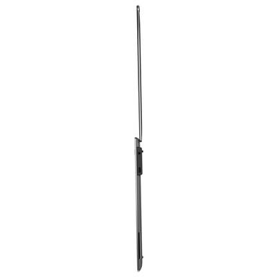 Seitliche Ansicht eines schmalen schwarzen Haarglätters mit abgerundeten Kanten und einem Griff.
