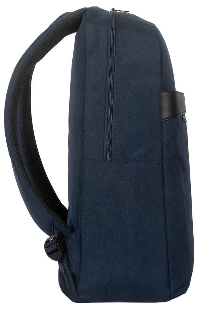 Dunkelblauer Rucksack von der Seite, mit Reißverschluss oben und gepolsterten Schultergurten. Ideal für den täglichen Gebrauch.
