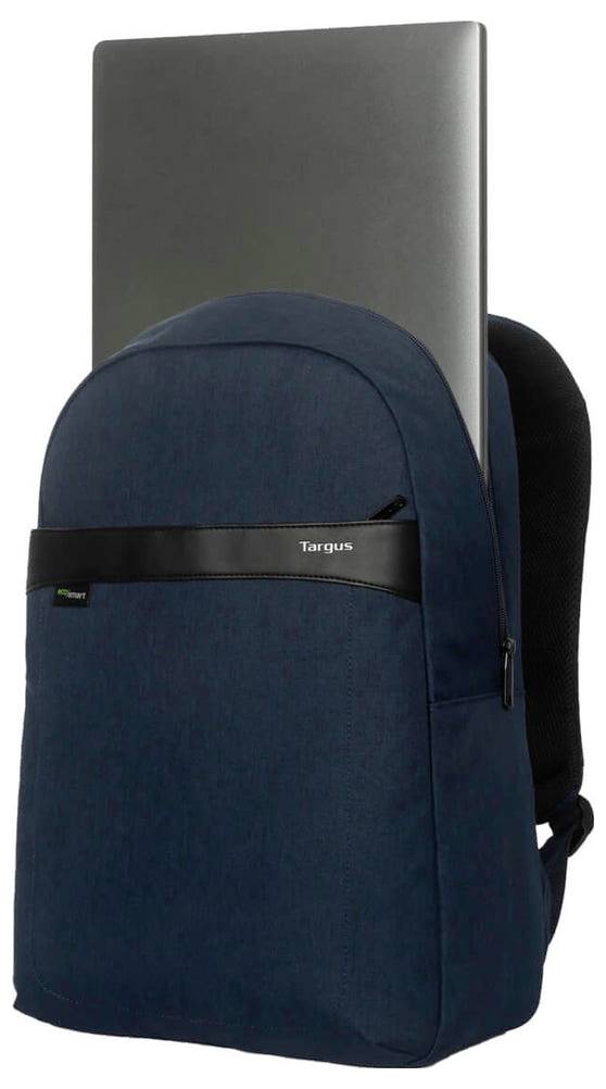 Ein blauer Rucksack mit einem teilweise sichtbaren Laptop herausragend aus dem Hauptfach.