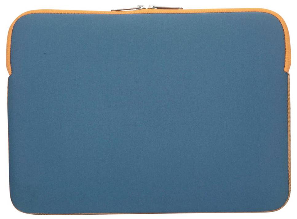 Blaue Laptop-Hülle mit orangefarbenem Rand, geschlossen.