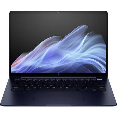 Ein moderner Laptop mit schwarzer Tastatur und einem Display, das ein abstraktes blaues Muster zeigt.