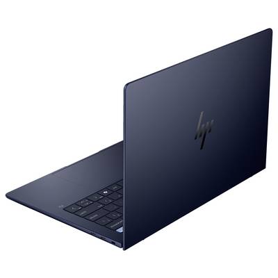 Dunkelblauer Laptop in Seitenansicht, halb geöffnet, mit sichtbarer Tastatur. Fokus auf modernes Design.