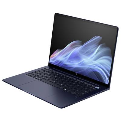 Ein schlanker Laptop mit schwarzem Gehäuse und beleuchtetem Display, auf dem abstrakte blaue und orangefarbene Muster zu sehen sind.