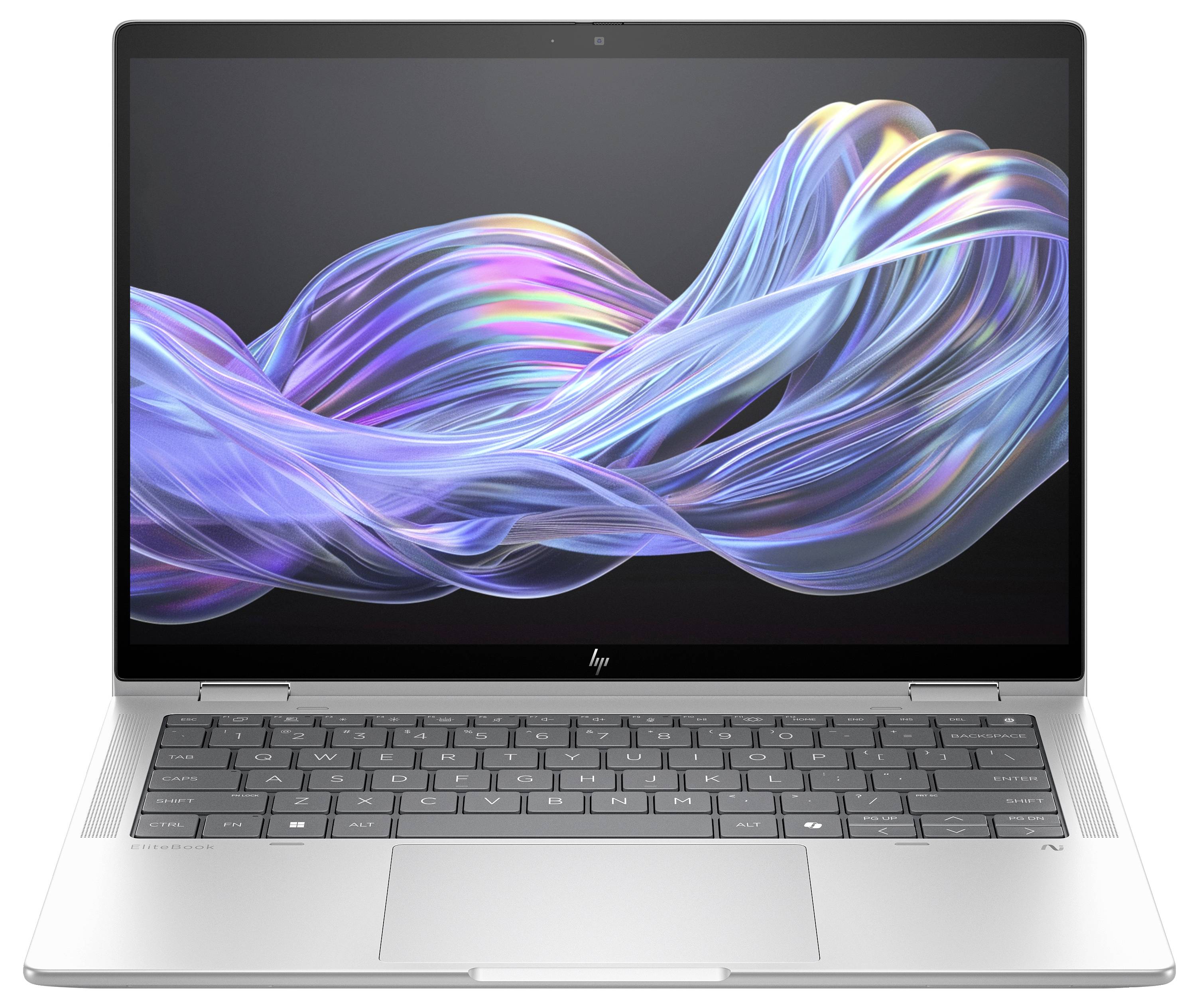 Ein silberner Laptop mit geöffneter Anzeige. Auf dem Bildschirm sind wellenartige, bunte Lichtmuster vor schwarzem Hintergrund zu sehen.
