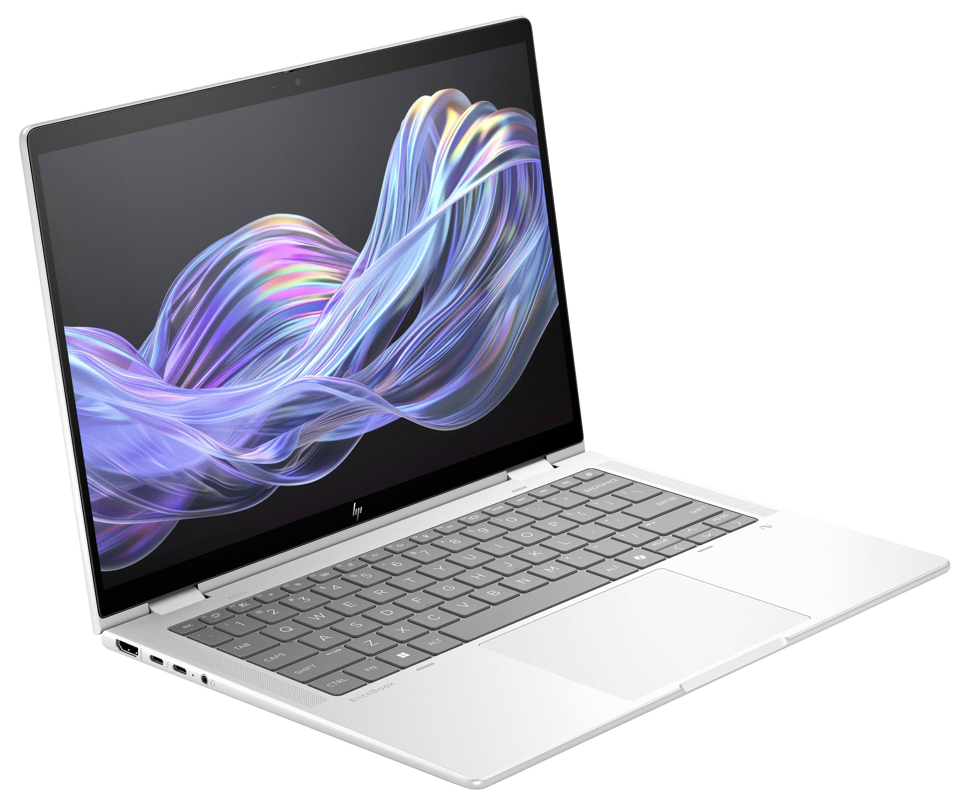 Ein silberner Laptop mit geöffnetem Bildschirm zeigt ein abstraktes, buntes Wellenmuster. Die Tastatur ist sichtbar.
