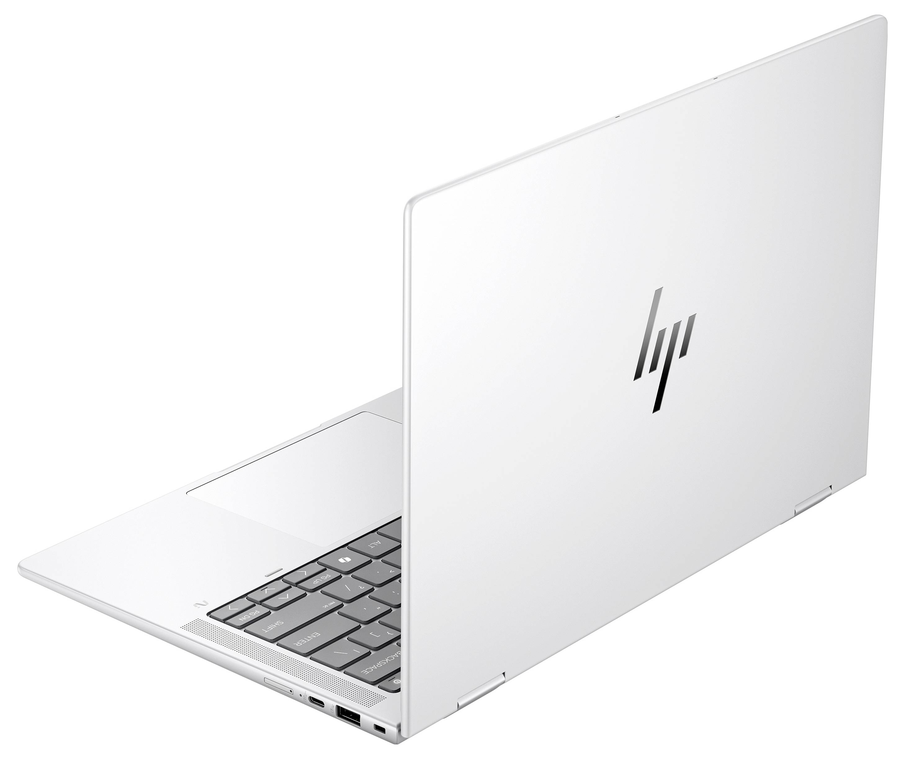 Weißer Laptop von hinten in einem geöffneten Zustand, zeigt die silberne Tastatur und das schwarze Herstellerlogo auf dem Deckel.