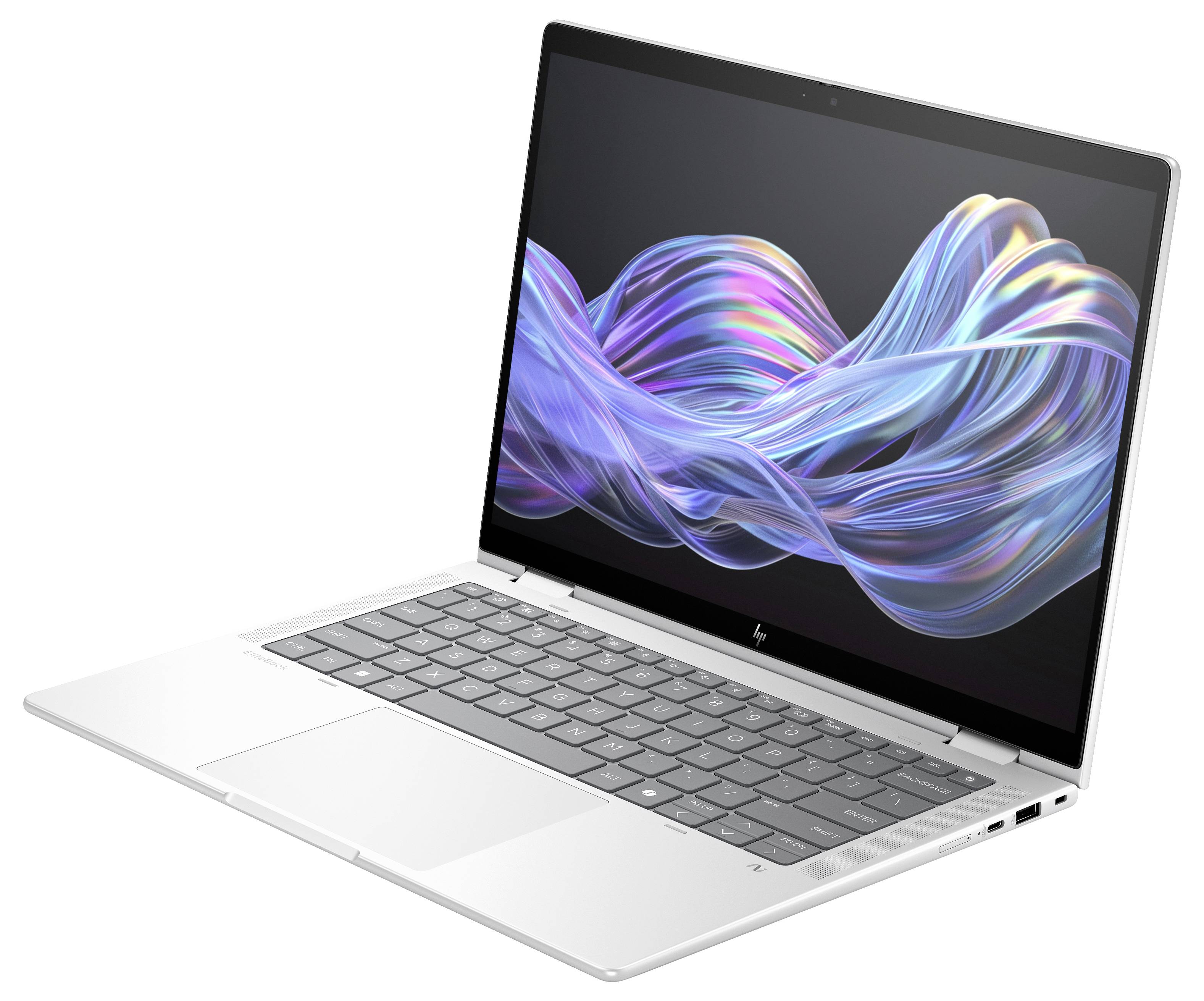 Ein moderner, weißer Laptop mit schwarzer Tastatur und einem Bildschirm, der ein abstraktes, farbiges Wellenmuster zeigt.
