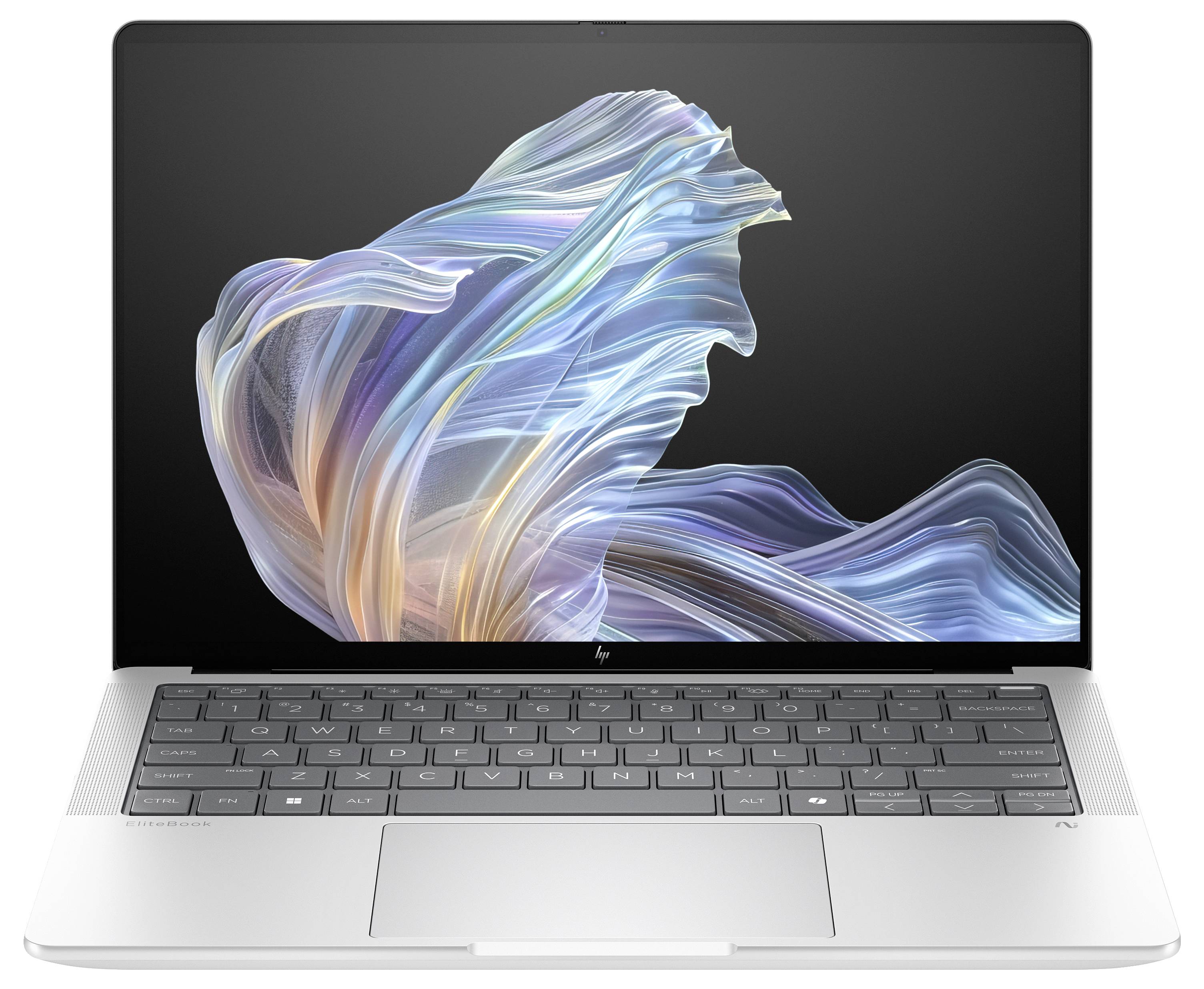 Ein Laptop mit schwarzem Bildschirm zeigt ein farbenfrohes, abstraktes Muster. Die Tastatur ist grau und der Hintergrund ist weiß.