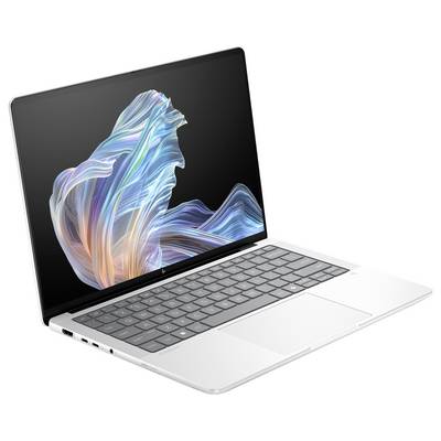 Ein moderner Laptop mit einem 3D-Kunst-Design auf dem Bildschirm, das bunte, wirbelnde Linien zeigt.