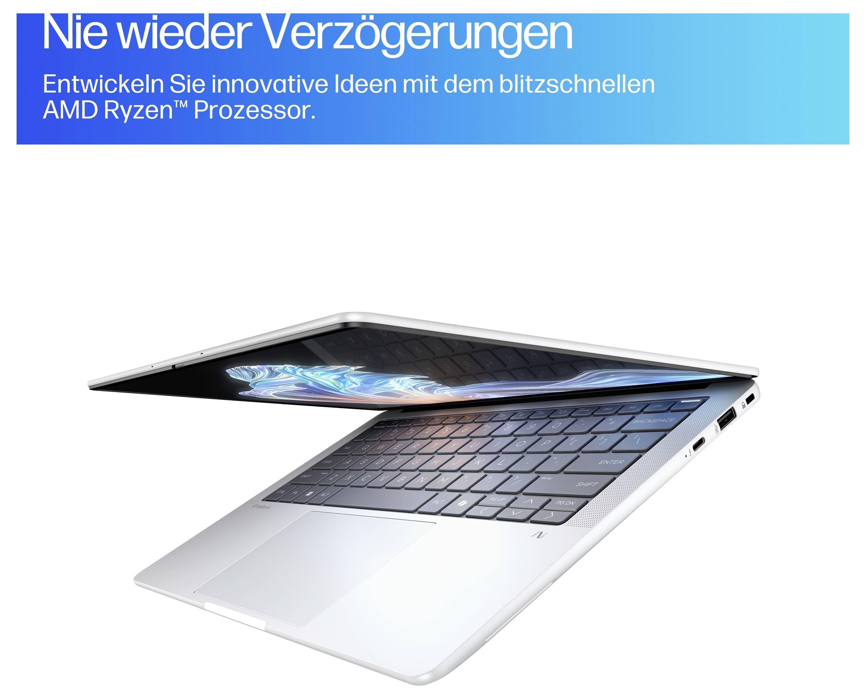 Ein schlanker Laptop mit geöffnetem Bildschirm. Text oben: 'Nie wieder Verzögerungen. Entwickeln Sie innovative Ideen mit dem blitzschnellen AMD Ryzen™ Prozessor.'
