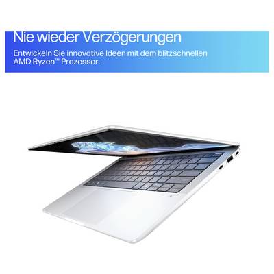 Ein schlanker Laptop mit geöffnetem Bildschirm. Text oben: 'Nie wieder Verzögerungen. Entwickeln Sie innovative Ideen mit dem blitzschnellen AMD Ryzen™ Prozessor.'