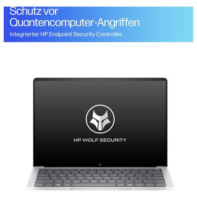 Ein Laptop mit HP Wolf Security-Logo zeigt den Text 'Schutz vor Quantencomputer-Angriffen. Integrierter HP Endpoint Security Controller'.