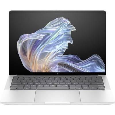 Ein Laptop mit farbenfroher, abstrakter Grafik auf dem Bildschirm. Das Design zeigt fließende Linien in Blau, Lila und Orange.
