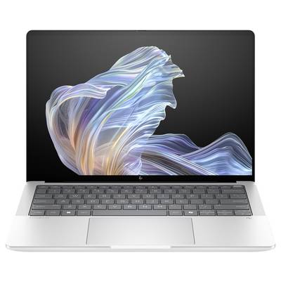 Ein Laptop mit Tastatur und Display, auf dem ein abstraktes, farbenfrohes Bild mit wellenförmigen Mustern zu sehen ist.