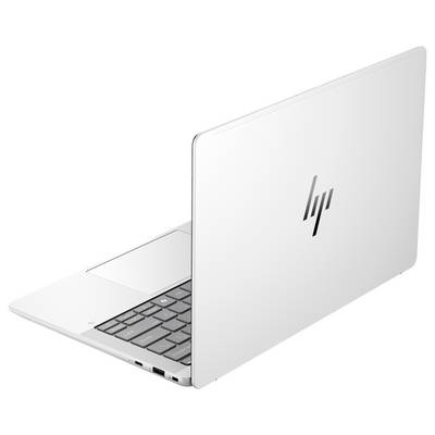 Silberner Laptop in seitlicher Ansicht, geöffnet, mit sichtbarer Tastatur und einem Logo auf der Rückseite des Bildschirms.