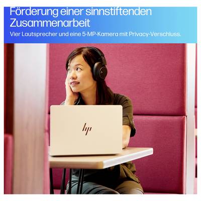 Eine Frau mit Kopfhörern sitzt an einem Tisch und nutzt einen Laptop, daneben der Text 'Förderung einer sinnstiftenden Zusammenarbeit'.