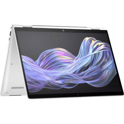 Ein silbernes Laptop im Zeltmodus zeigt ein farbenfrohes, wellenförmiges Muster auf seinem Bildschirm.