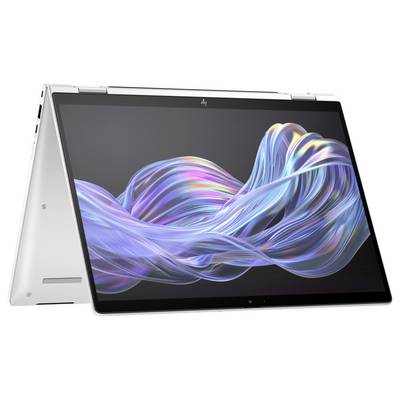 Ein silberner Laptop in Zeltmodus mit einem bunten, wellenförmigen Bildschirmhintergrund. Hochwertiges, modernes Design.
