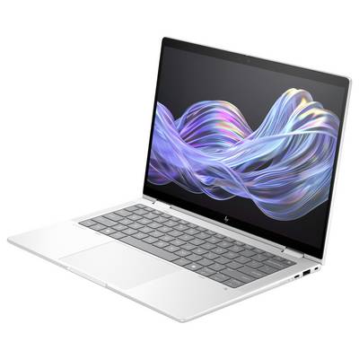 Ein moderner Laptop mit einem animierten, wellenförmigen Bildschirmhintergrund. Das Gerät zeigt eine schlanke Bauweise mit einer dunkelgrauen Tastatur.