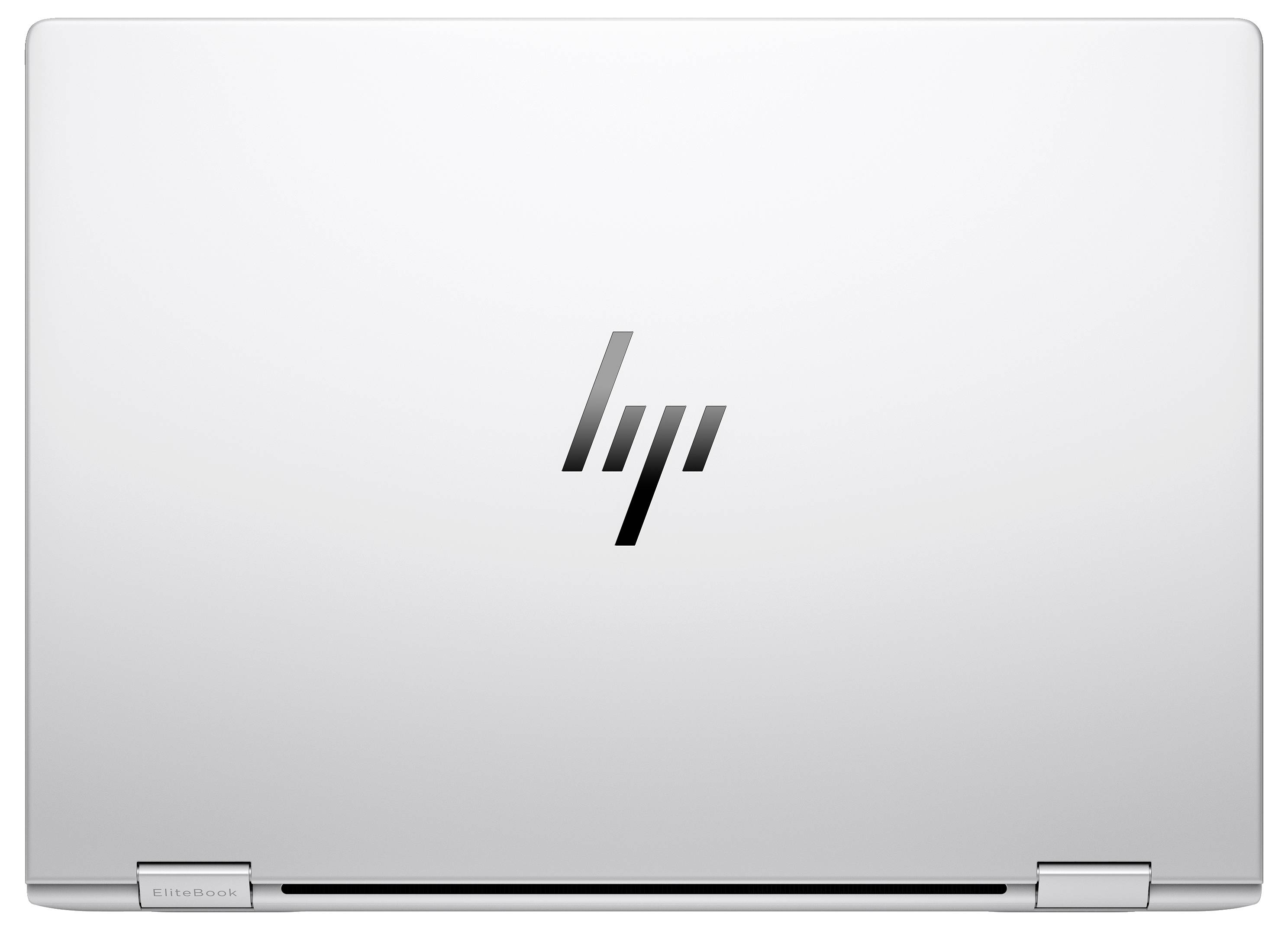 Ein silberner Laptop von hinten, geschlossen, mit einem schwarzen Logo in der Mitte.