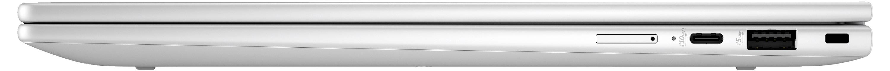 Silberner Laptop in Seitenansicht, zeigt Anschlüsse: USB, HDMI und Kopfhörerbuchse, auf einer weißen Oberfläche liegend.