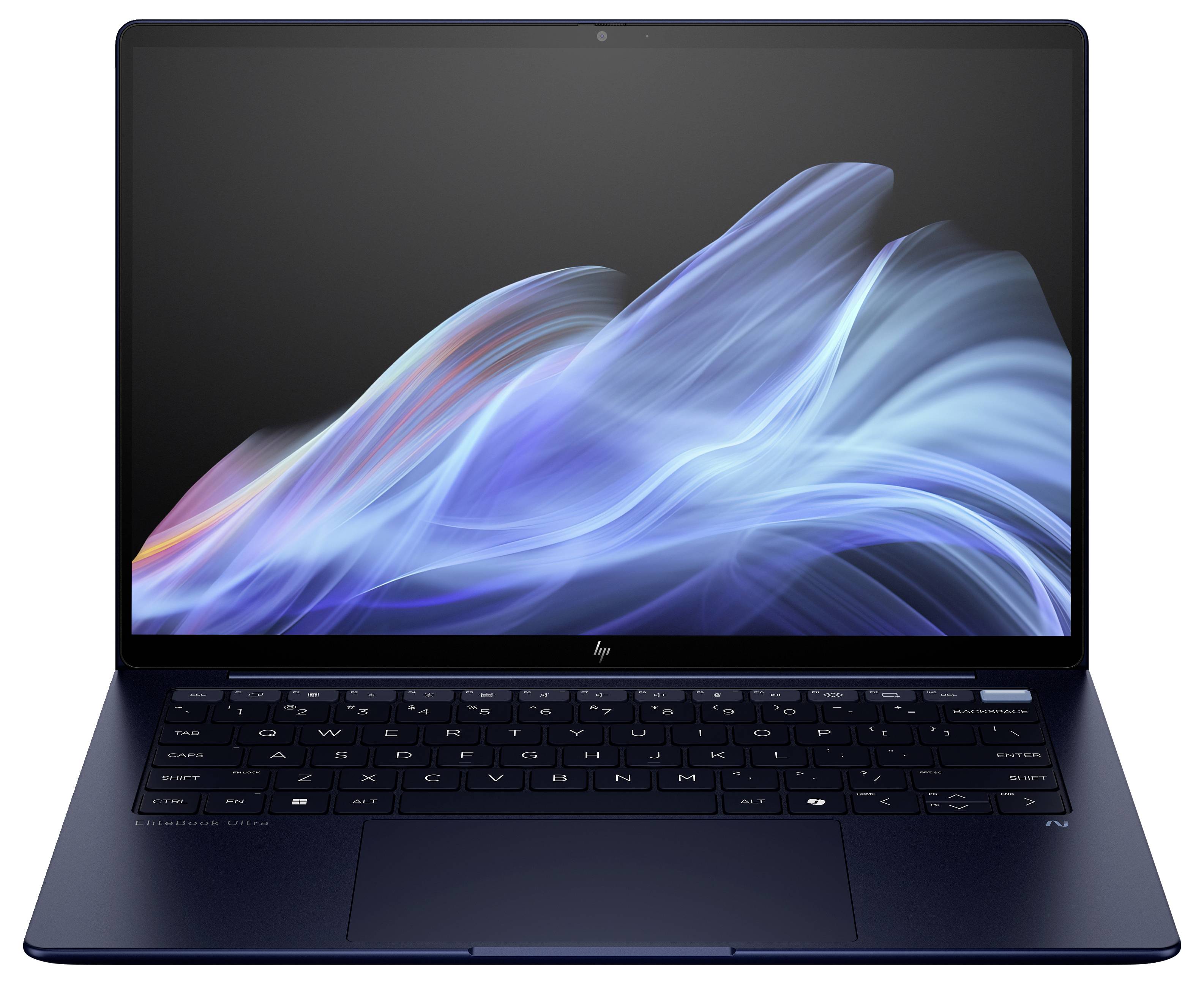 Ein moderner, geöffneter Laptop mit einem Bildschirm, der eine abstrakte, blaue und rosa wellenartige Grafik anzeigt.