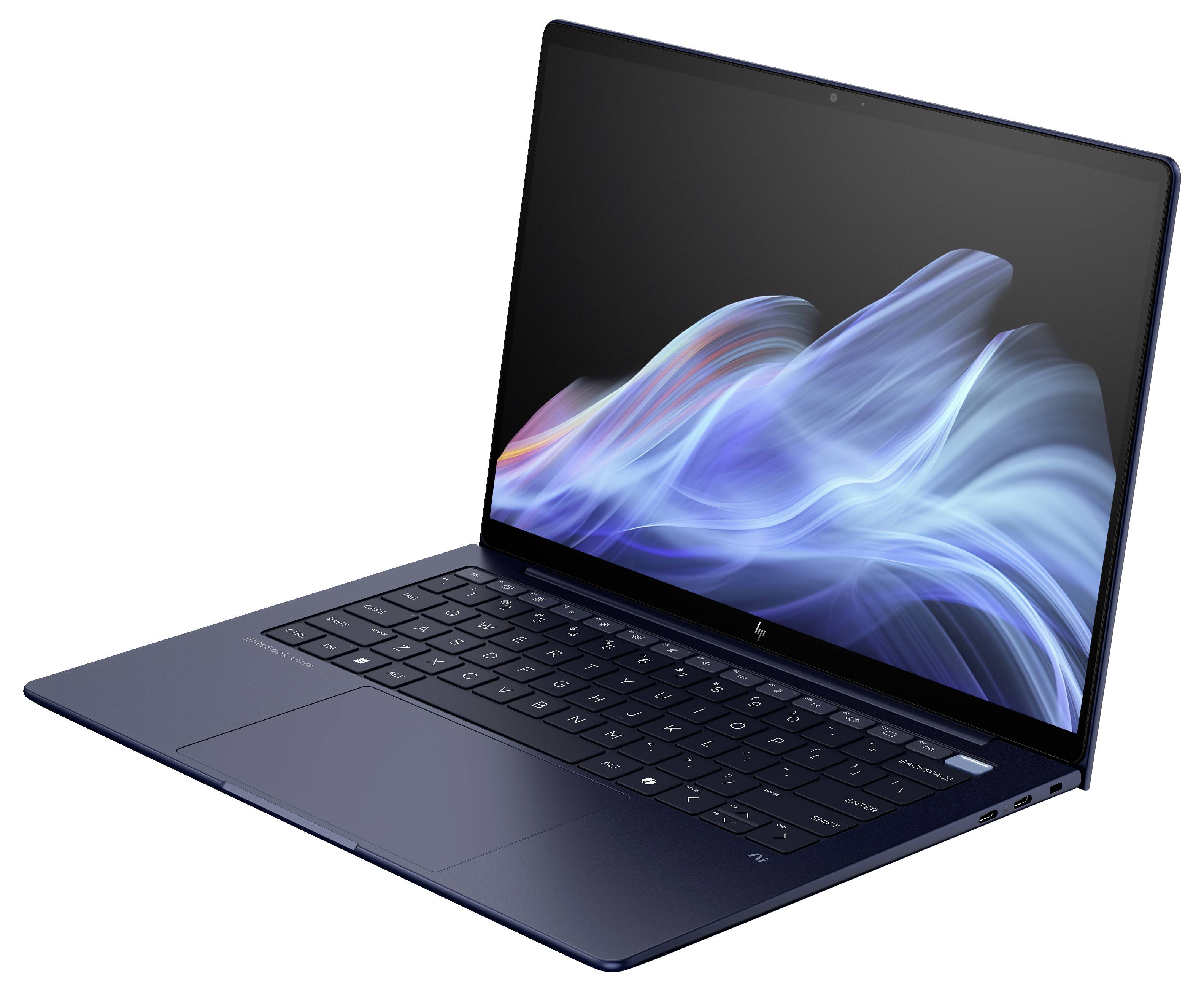 Ein schlanker, dunkelblauer Laptop mit einem leuchtenden Bildschirm, der farbenfrohe Wellenmuster zeigt. Tastatur und Touchpad sichtbar.