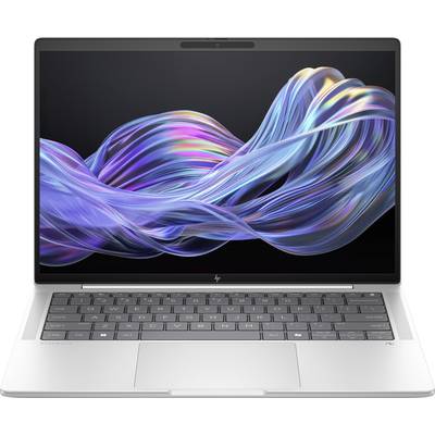 Ein Laptop mit geöffnetem Bildschirm zeigt bunte, wellenförmige Linien auf schwarzem Hintergrund. Er hat eine silberne Tastatur.