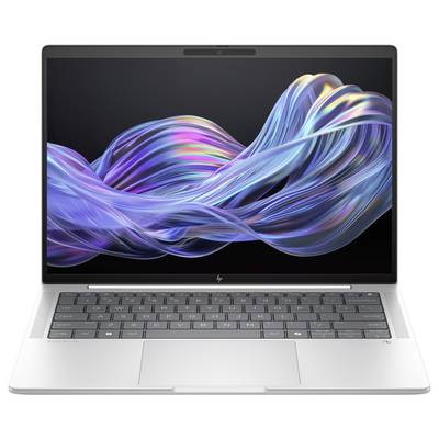 Ein Laptop mit heller, wellenförmiger Grafik auf dem Bildschirm. Das Gerät ist in einer neutralen Farbe gehalten und steht aufrecht.