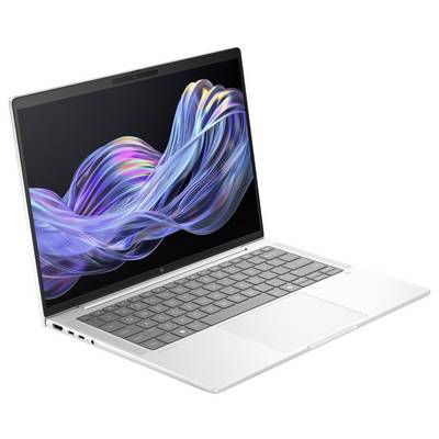 Ein silberner Laptop mit geöffnetem Bildschirm zeigt ein abstraktes, buntes Wellenmuster auf schwarzem Hintergrund.