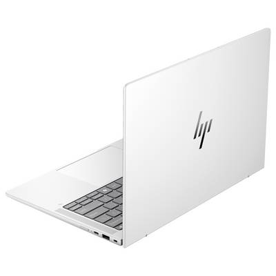Ein schlanker, weißer Laptop von hinten gezeigt, teilweise geöffnet mit sichtbarer Tastatur. Auf der Rückseite befindet sich ein Logo.