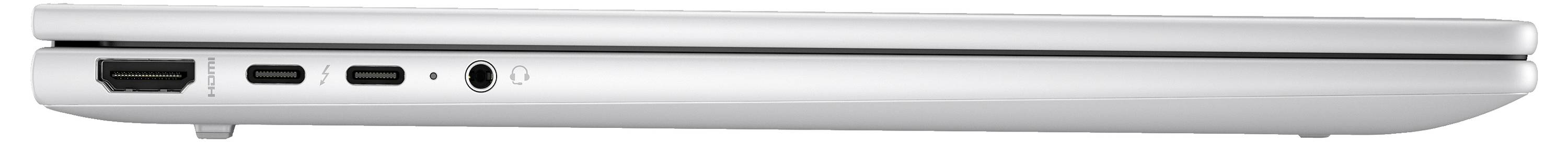 Silberner Laptop von der Seite, zeigt Anschluss- und Kopfhörerbuchsen.