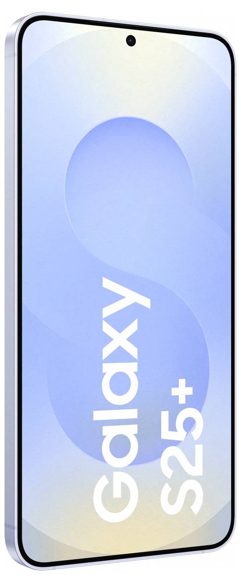 Smartphone mit Display an, zeigt abstraktes blaues Hintergrundbild. Auf dem Bildschirm der Text 'Galaxy S25+'. Gerät hat dünne Ränder.
