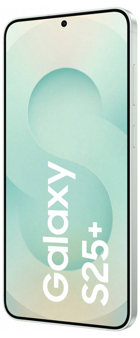 Smartphone mit großem Bildschirm, zeigt die Aufschrift 'Galaxy S25+' auf einem abstrakten, grünen Hintergrund.