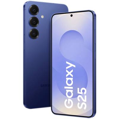 Smartphone mit drei Kameras auf der Rückseite, blauem Gehäuse und Display zeigt 'Galaxy S25'.