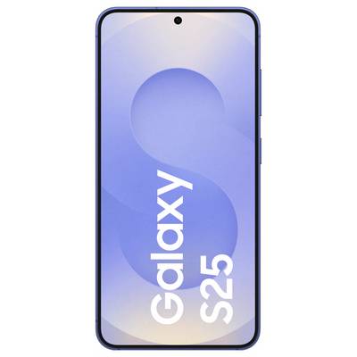 Smartphone mit blauem Bildschirm und Text 'Galaxy S25'.