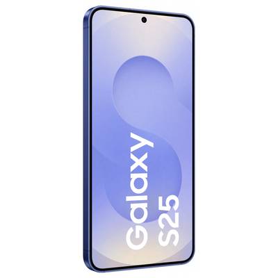 Smartphone mit blauem Gehäuse, vertikal angeordnetem 'Galaxy S25'-Text auf dem Display, zeigt minimales Bildschirmdesign.